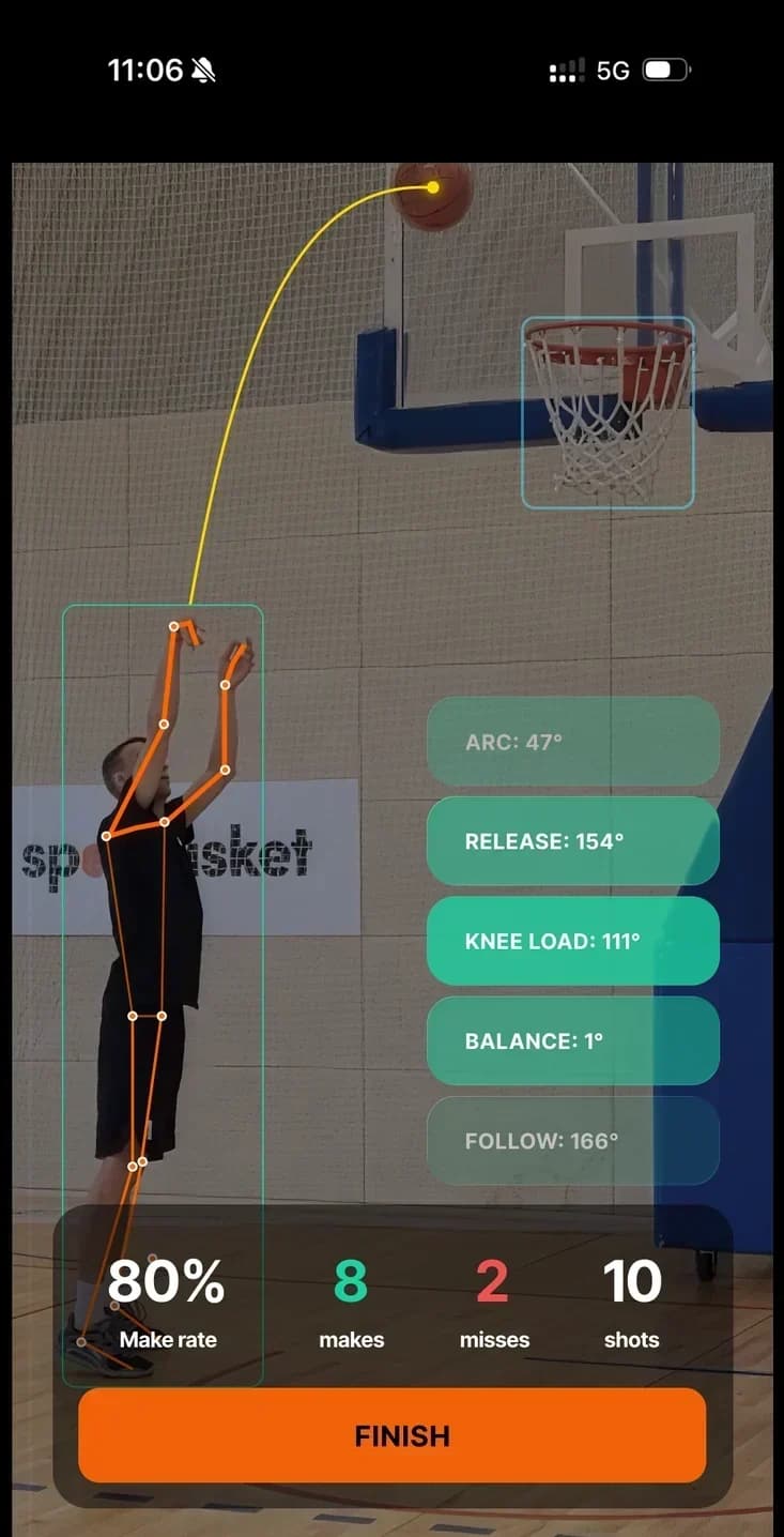 SpotBasket AI shot tracker counting makes and misses with the ball arc and body tracking