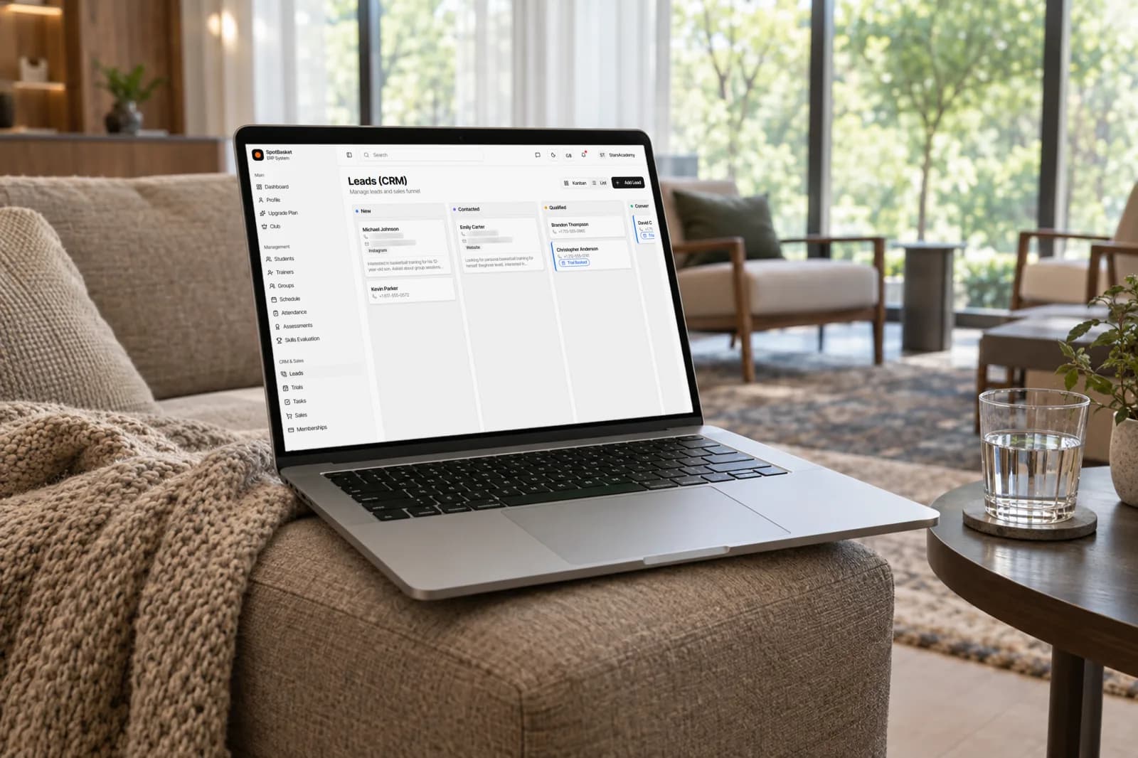 Kanban board of basketball academy leads in the SpotBasket CRM for sports academies