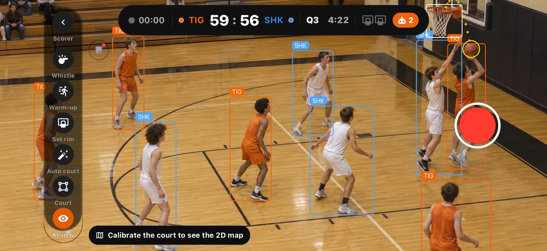 The SpotBasket Court recording screen with AI view: players marked by team, the rim and the ball tracked