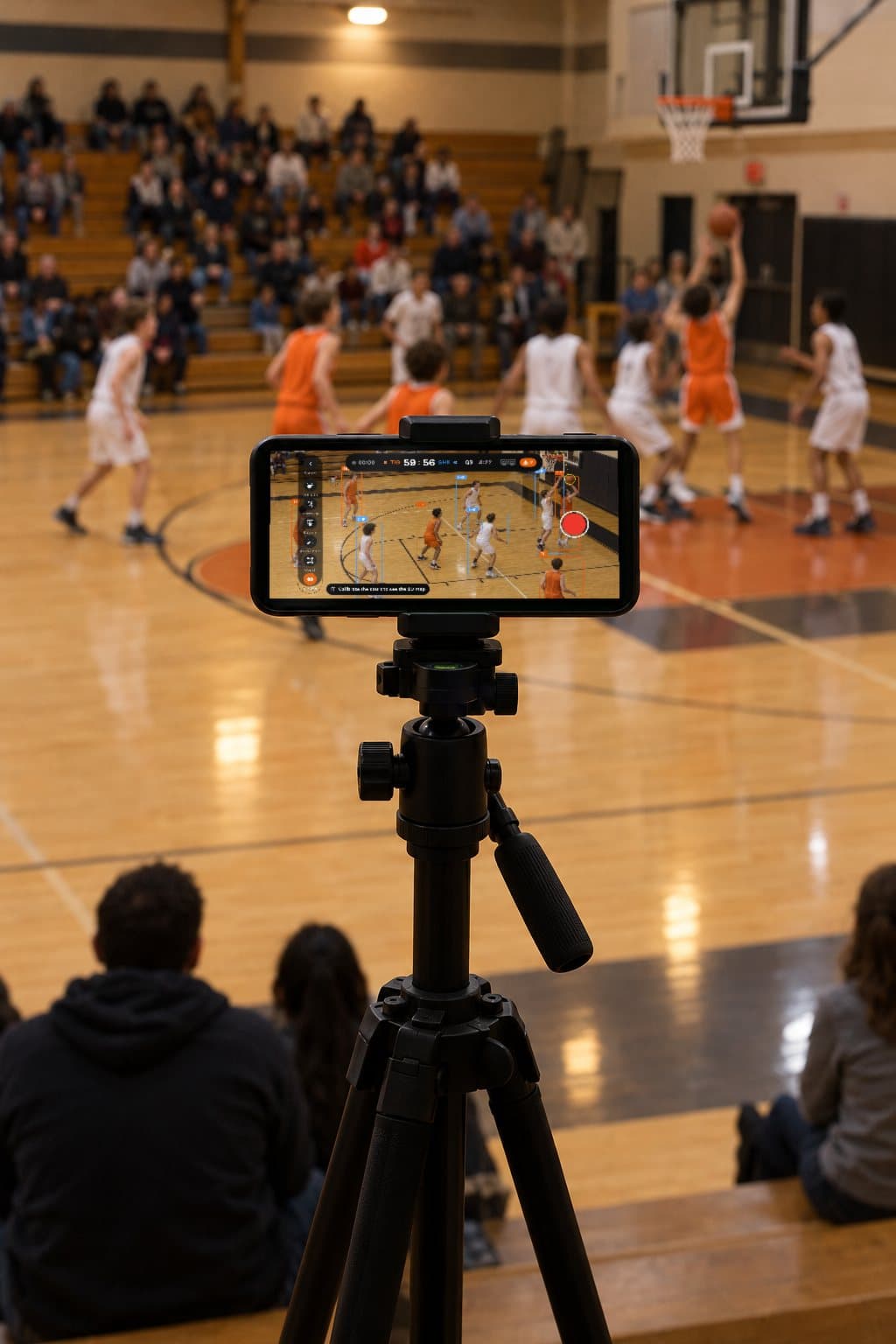 A phone on a tripod at the sideline records a youth game with SpotBasket Court