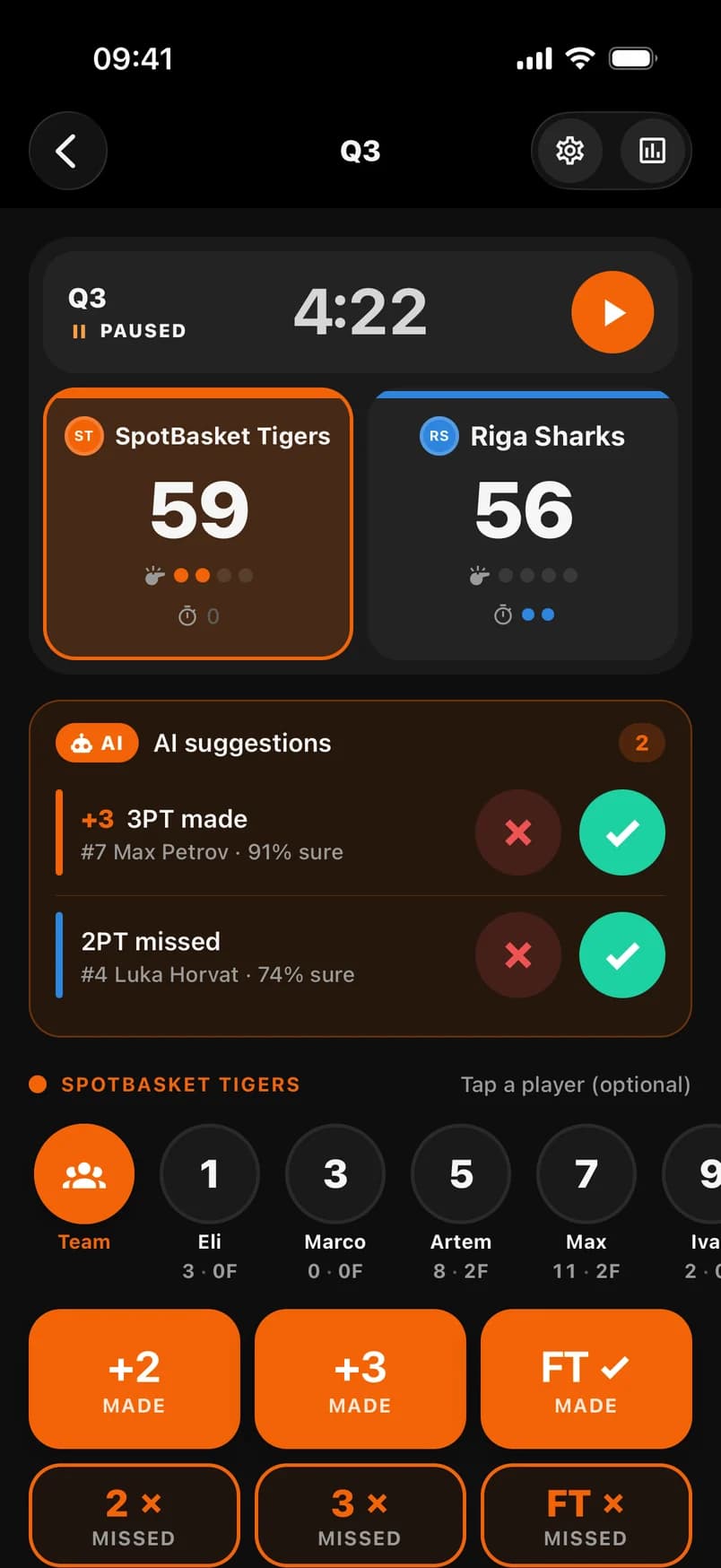 Court scorer with AI suggestions to confirm or dismiss